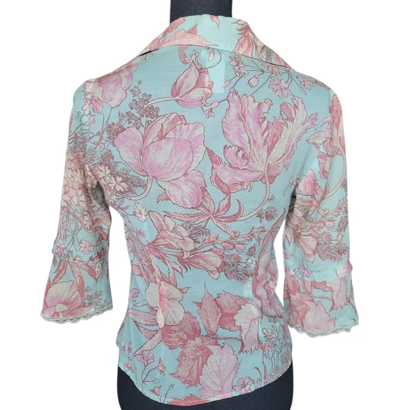 Odille Anthropologie Teal and Pink Vintage Floral Lace Trim Blouse Womens Size 2 - Picture 4 of 10